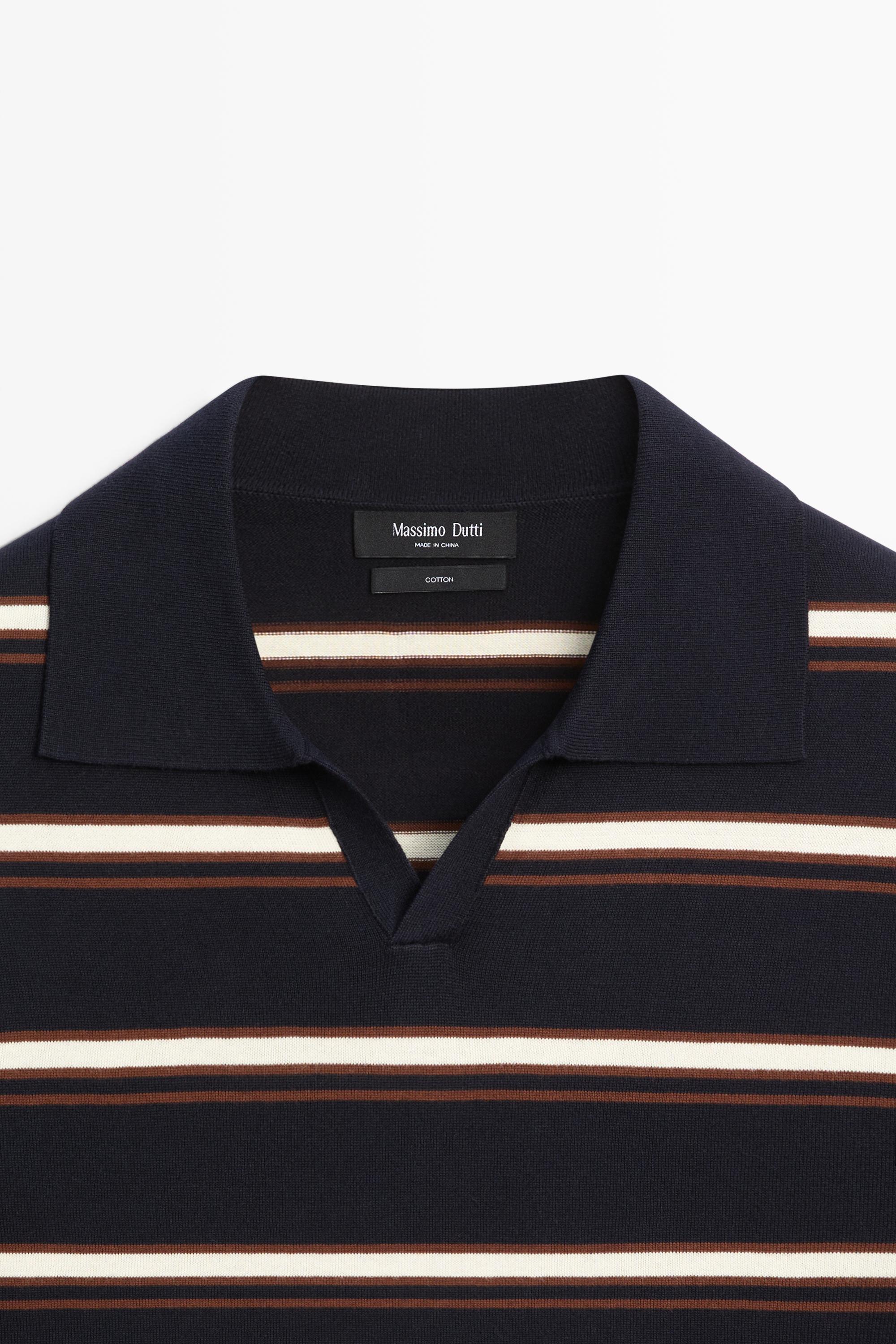 Striped V-neck knit polo shirt